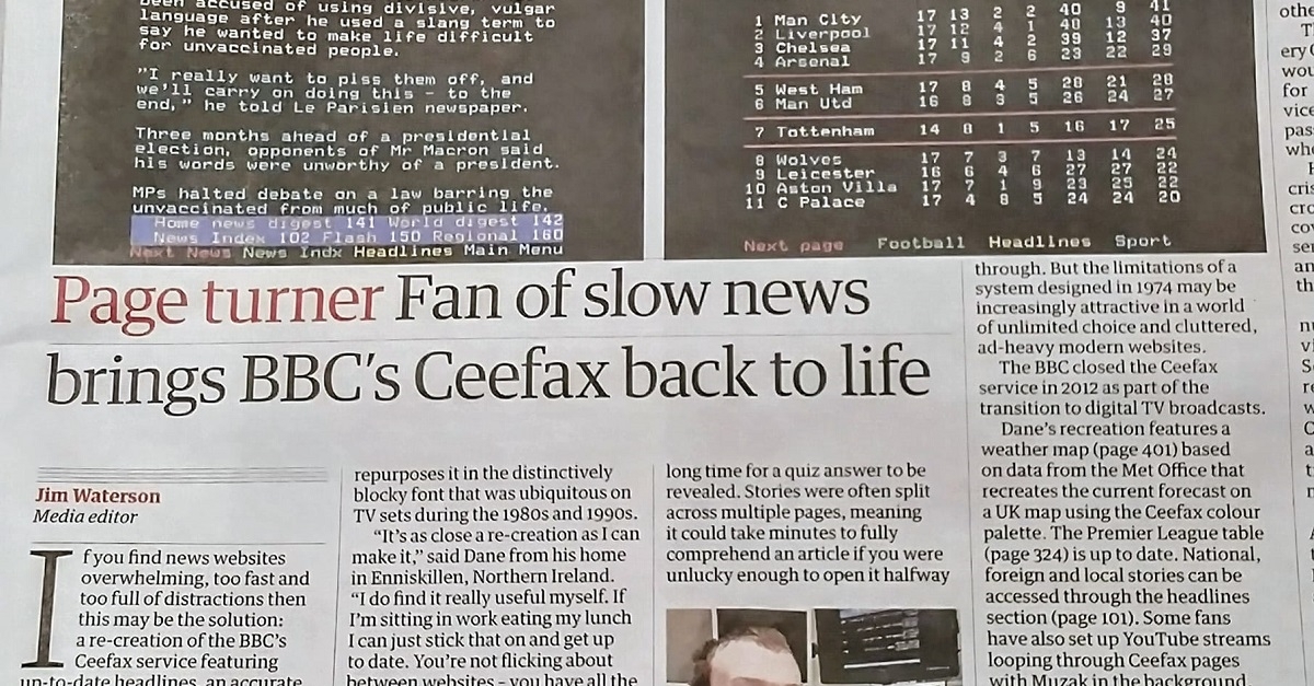 Newspaper story on Ceefax re-creation